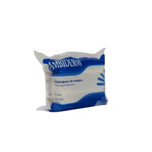 Paquete de 500 abatelenguas de madera marca Ambiderm, desechables y con bordes suaves para exploración física y aplicación de mezclas.