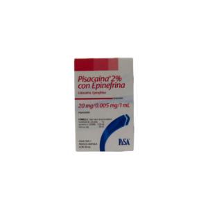 Frasco de lidocaína al 2% con epinefrina marca PISA en solución inyectable de 50 ml, utilizada como anestésico local con efecto vasoconstrictor.