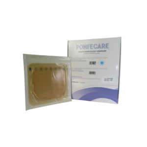 Caja con 10 apósitos hidrocoloides estériles marca Ponfecare, medida 15x16 cm, indicados para el tratamiento de heridas crónicas y agudas, favoreciendo la cicatrización húmeda.