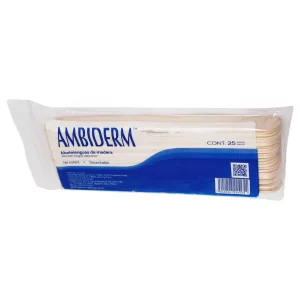 Paquete de 25 abatelenguas de madera marca Ambiderm, desechables y resistentes para exploración física y diagnóstico médico.