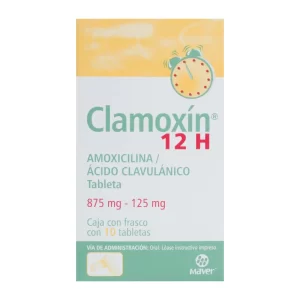 Caja de Clamoxín 12 H con Amoxicilina y Ácido Clavulánico 875 mg / 125 mg de Laboratorios Maver con 10 tabletas.