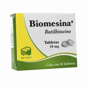 Caja de Biomesina Butilhioscina 10 mg con 10 tabletas de Laboratorios Biomep para alivio de cólicos y espasmos.