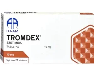 Caja de Tromdex Ezetimiba 10 mg con 28 tabletas de Laboratorios RAAM para el control del colesterol.