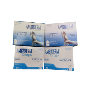 Cajas de guantes de látex para cirugía estéril marca Ambiderm en diversas tallas mostrando el empaque de 50 pares.