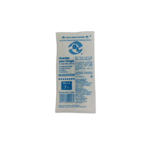 Empaque individual de guante quirúrgico de látex estéril marca DL talla siete y medio para uso médico.