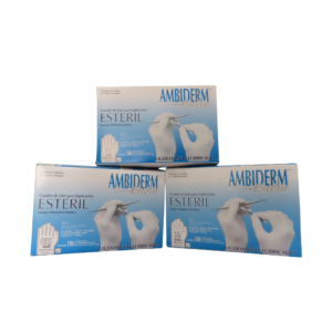 Caja de guantes de látex para exploración estériles marca Ambiderm en color azul indicando tallas chica, mediana y grande.