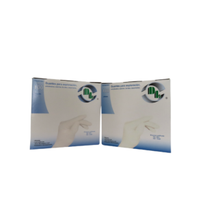 Caja y empaque individual de guantes para exploración estériles de látex marca DL con indicación de 100 piezas.