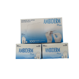 Caja de guantes de látex no estériles Ambiderm Plus color blanco con 100 piezas para exploración médica.