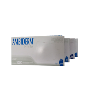 Cajas de guantes de nitrilo no estériles color azul marca Ambiderm de 100 piezas para exploración médica.