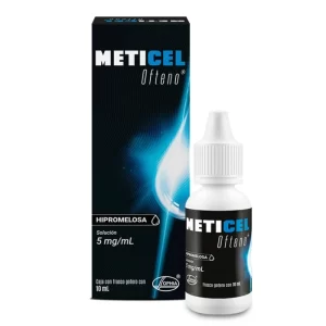 Caja y frasco gotero de Meticel Ofteno de Laboratorios Sophia con hipromelosa solucion 5 mg por ml de 10 ml para lubricacion ocular.