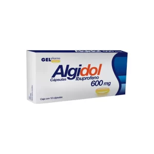Caja de Algidol Ibuprofeno 600 mg con 10 cápsulas de Laboratorios Gelpharma para alivio del dolor y la inflamación.