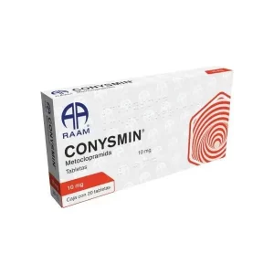 Caja de Conysmin Metoclopramida 10 mg con 20 tabletas de Laboratorios RAAM para el control de náuseas y vómito.