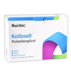 Caja de Koilosell Polietilenglicol con 4 sobres de polvo para solución de 105 g de Laboratorios Nucitec para el tratamiento del estreñimiento.