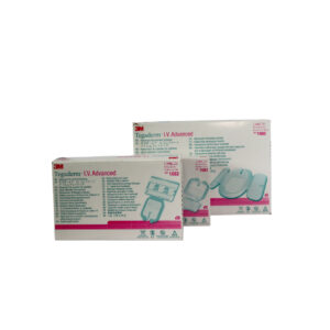 Apósito de fijación avanzada Tegaderm IV marca 3M, diseñado específicamente para asegurar catéteres periféricos y centrales con un borde reforzado de tela.