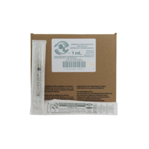 Jeringa de insulina DL de 1 ml con aguja estéril presentada en caja con 100 piezas.