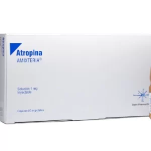 Caja de Atropina Amixteria 1 mg / 1 ml con 50 ampolletas de solución inyectable de Laboratorios Stern Pharma.