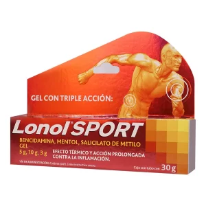 Caja de Lonol Sport gel con triple acción de bencidamina, mentol y salicilato de metilo en tubo de 30 g de Laboratorios Chinoin para el dolor muscular.