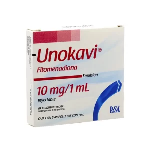 Caja de Unokavi Fitomenadiona 10 mg / 1 ml con 5 ampolletas de emulsión inyectable de Laboratorios PISA para control de hemorragias.
