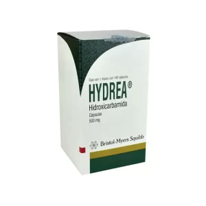 Caja de Hydrea Hidroxicarbamida 500 mg con 100 cápsulas de Laboratorios Bristol-Myers Squibb para tratamiento oncológico.
