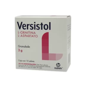 Caja de Versistol L-Ornitina L-Aspartato granulado 3 g con 10 sobres de Laboratorios Maver para salud hepática.