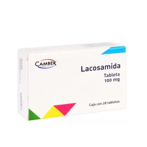 Caja de Lacosamida 100 mg con 28 tabletas de Laboratorios Camber Pharma para el tratamiento de la epilepsia.