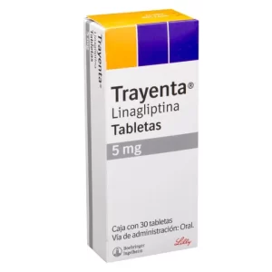 Caja de Trayenta Linagliptina 5 mg con 30 tabletas de Laboratorios Boehringer Ingelheim y Lilly para el tratamiento de la diabetes tipo 2.
