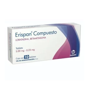 Caja de Erispan Compuesto con Loratadina y Betametasona 5.00 mg / 0.25 mg de Laboratorios Maver con 10 tabletas para el alivio de alergias.