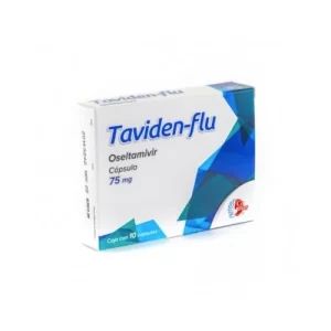 Caja de Taviden-flu Oseltamivir 75 mg con 10 cápsulas de Laboratorios Cophlins para el tratamiento de la influenza.