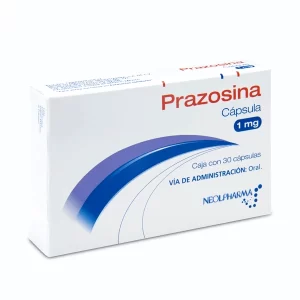 Caja de Prazosina 1 mg con 30 cápsulas de Laboratorios Neolpharma para el tratamiento de la hipertensión arterial.