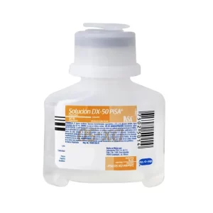 Frasco ámpula de Solución de Glucosa al 50% de 50 ml de Laboratorios PiSA para tratamiento de hipoglucemia.