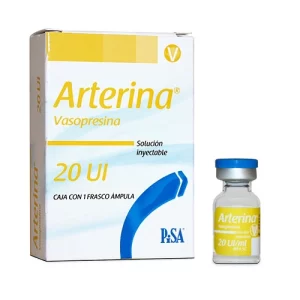 Caja de Arterina Vasopresina 20 UI / ml con un frasco ámpula de solución inyectable de Laboratorios PISA.