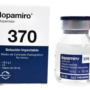 Frascos de medio de contraste Iopamiro 370 (Iopamidol) de 50 ml y 100 ml de Laboratorios Bracco para radiología diagnóstica.