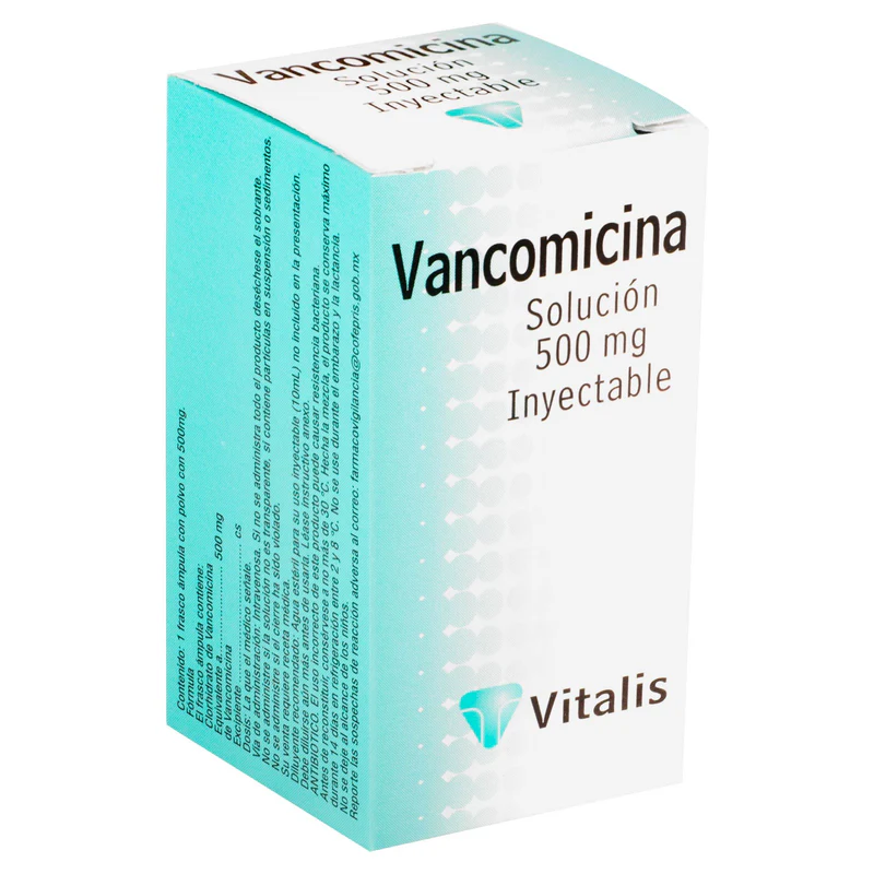 Caja de empaque de Vancomicina de 500 mg en solución inyectable de Laboratorios Vitalis.